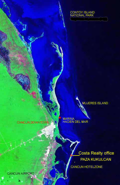 Satelit view of Yucatan 's Caribbean Coast  with Cancun,  Isla Mujeres and Isla Contoy from South to North